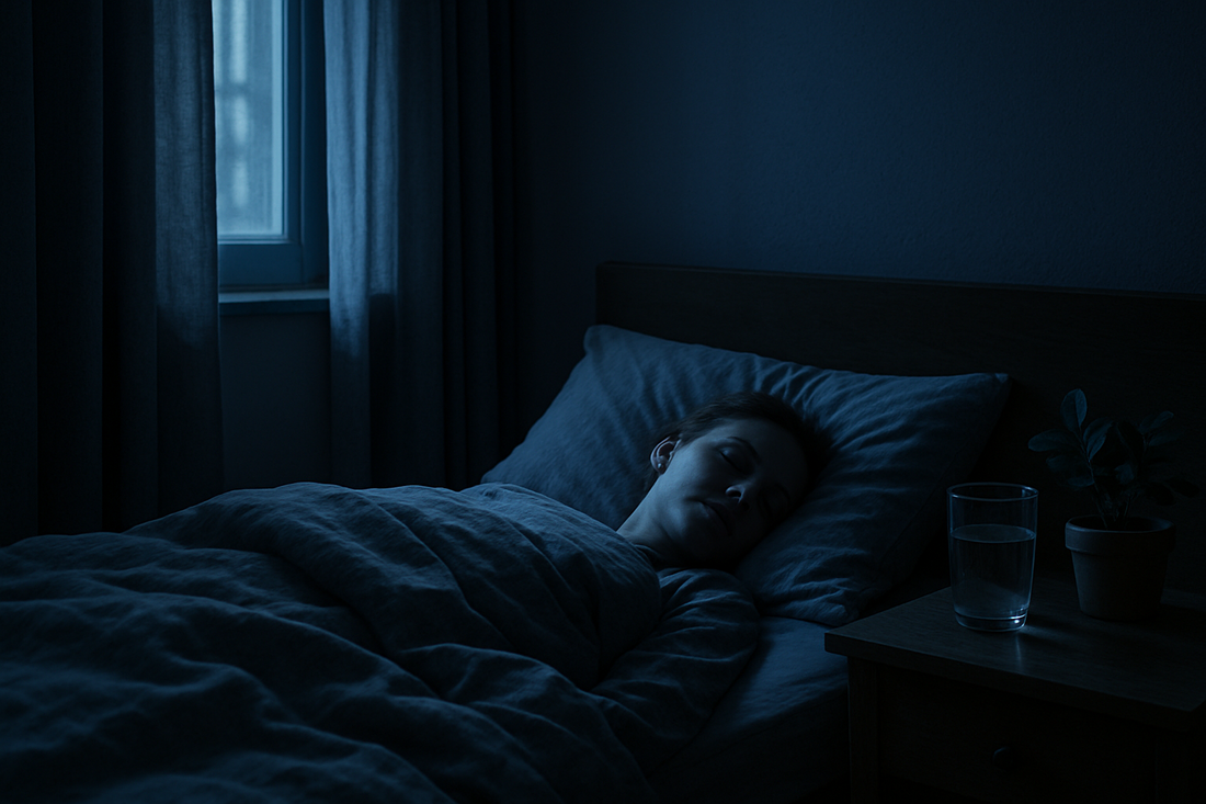 Peaceful bedroom at night with moonlight filtering in, person sleeping soundly under cozy bedding, nightstand with water and plant, symbolizing restorative sleep.