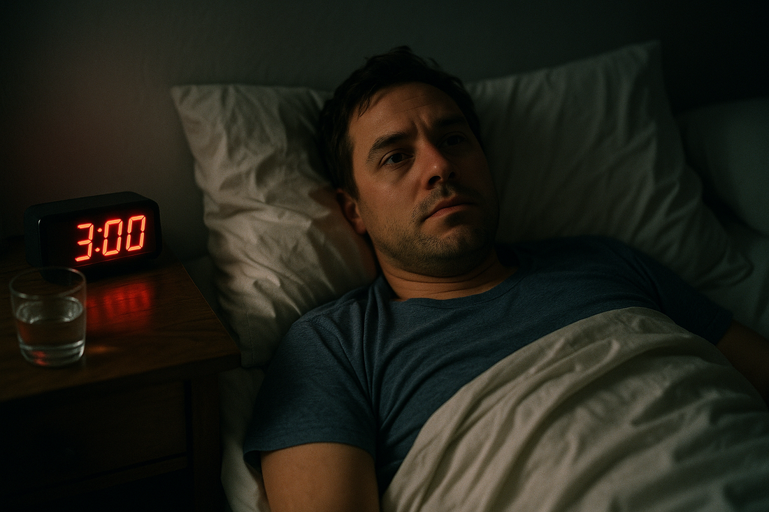 Person awake in bed at 3AM, digital clock glowing, showing common sleep disruption.