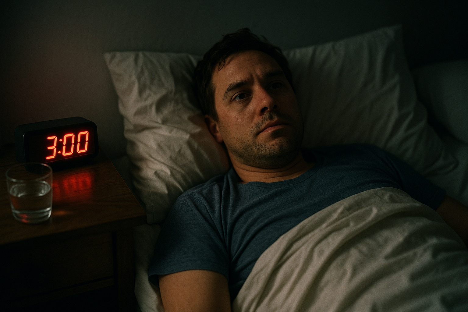 Person awake in bed at 3AM, digital clock glowing, showing common sleep disruption.