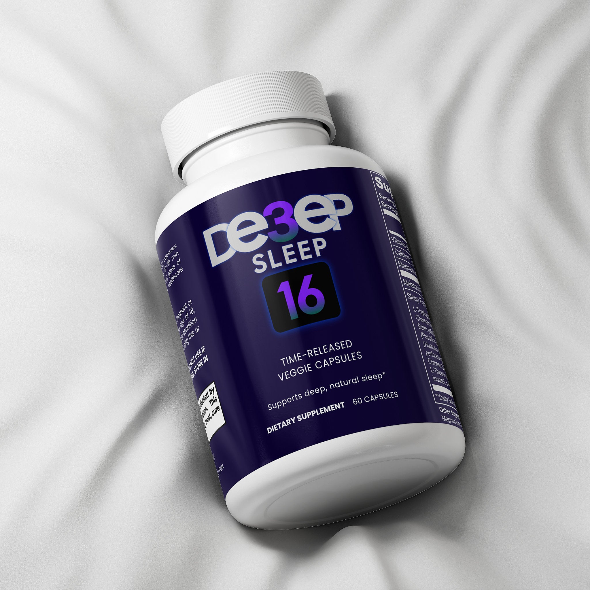 Supplement bottle labeled ' Deep3Sleep 16' on a textured white background