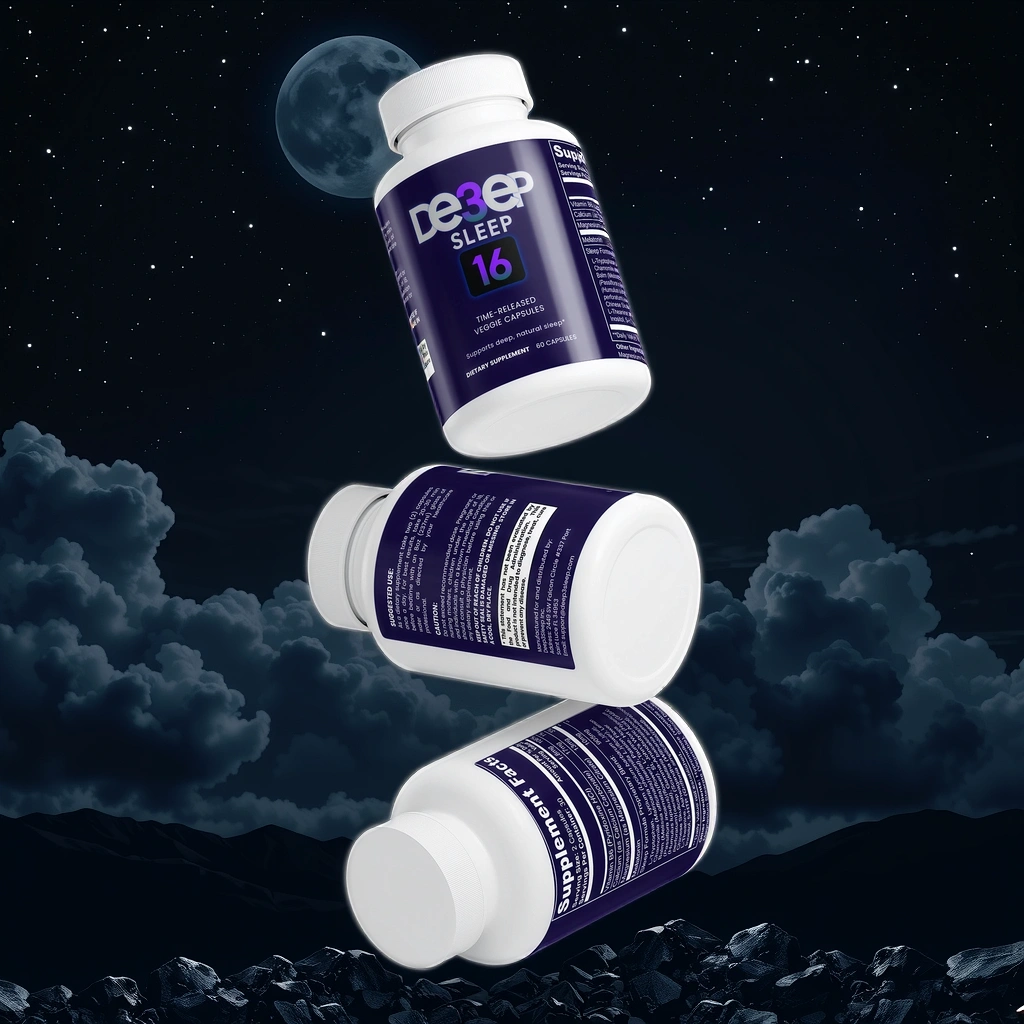 Three bottles of 'Deeep Sleep 16' supplement against a night sky with moon and clouds.