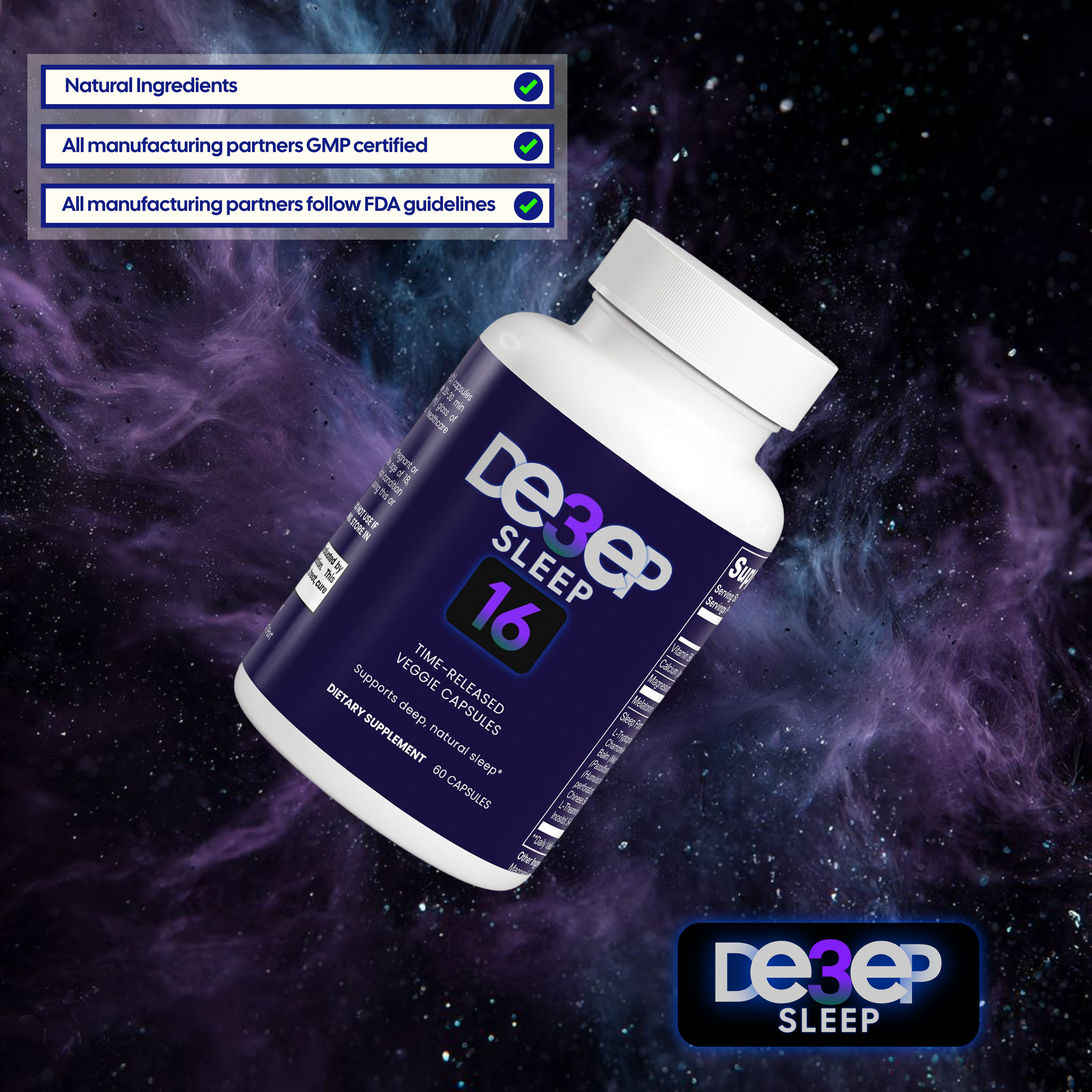 Deep3Sleep 16 supplement bottle with space-themed background