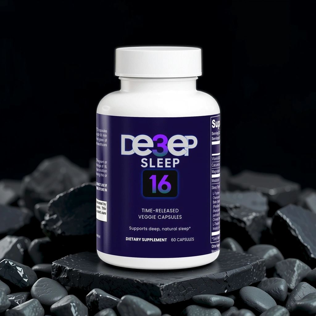 Deep3Sleep 16 supplement bottle on a dark background with stones