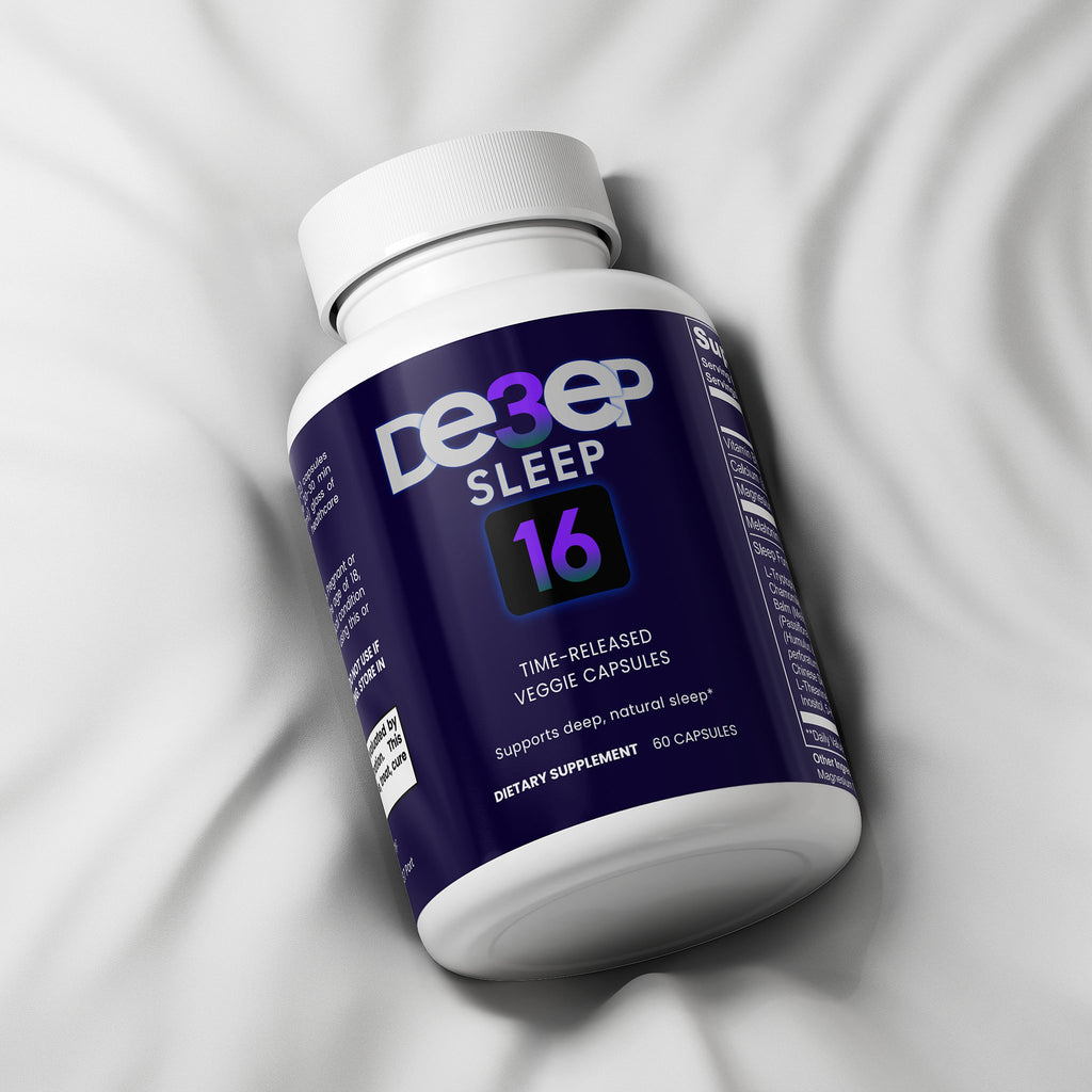 Supplement bottle labeled 'dee3ep Sleep 16' on a textured white background