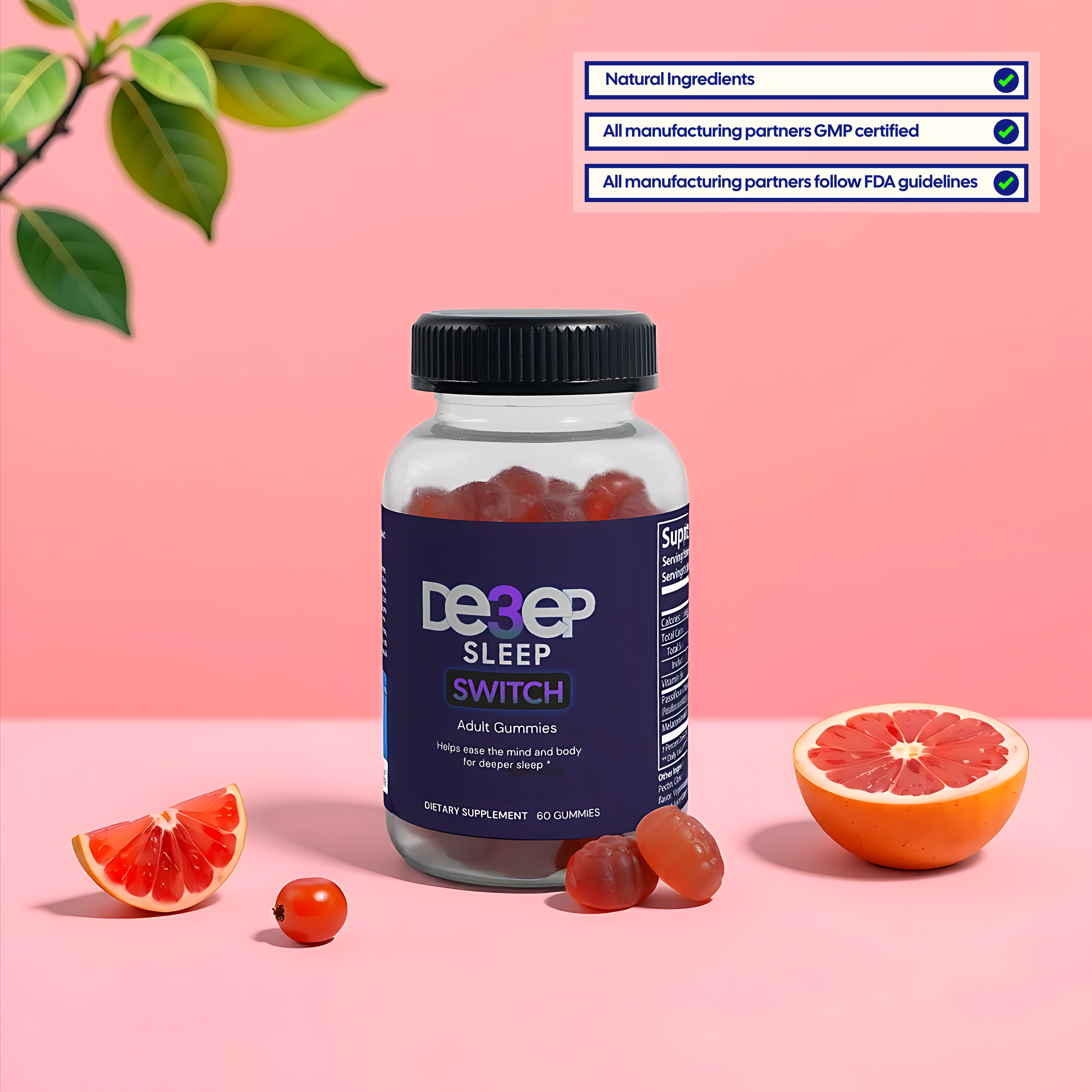 Supplement bottle labeled 'Deep3Sleep Switch' with gummies  and grapefruit on a pink background