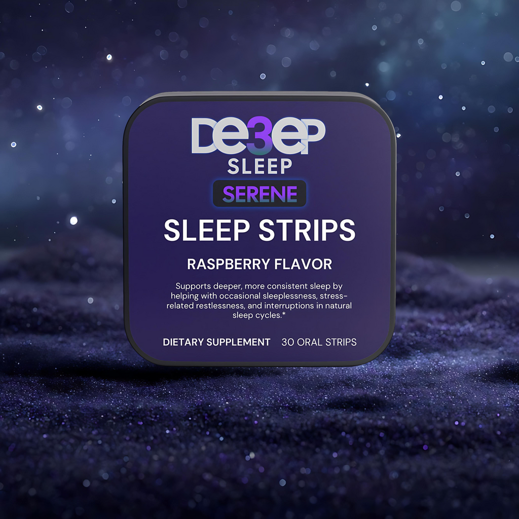 Deep3Sleep Serene Strips packaging with a dark, starry background