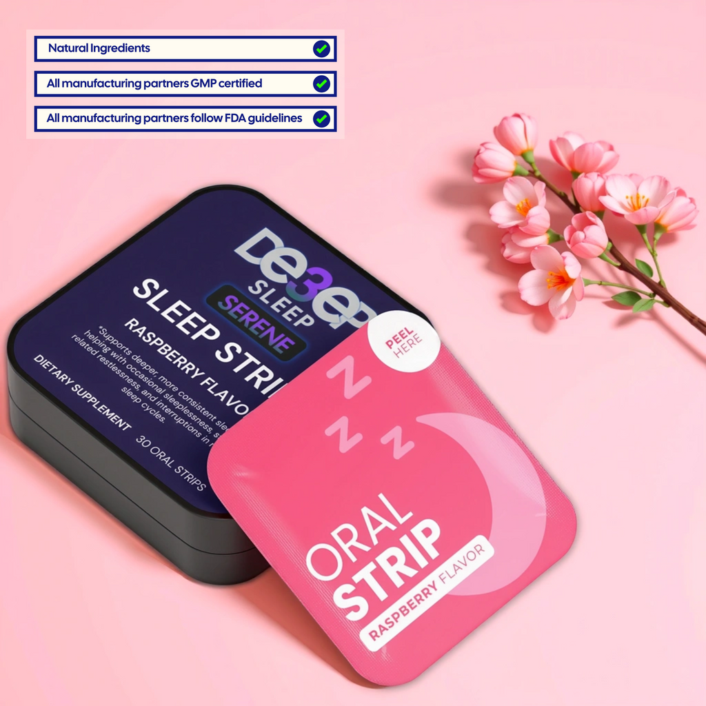 Sleep strip packaging with pink and black design on a pink background with flowers.
