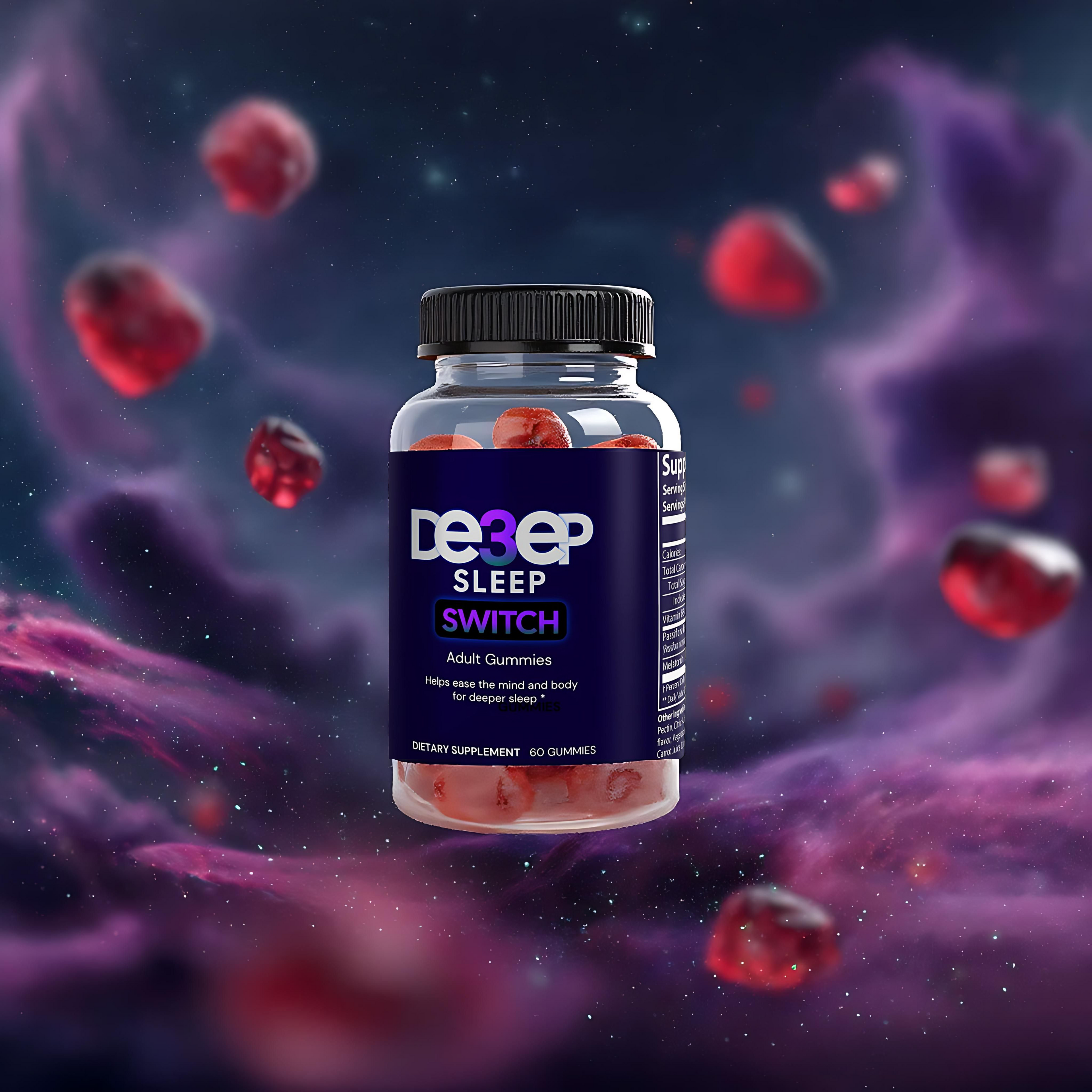 Bottle of Deep3Sleep Switch gummies on a cosmic background with red gummies.