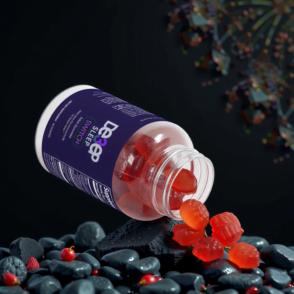 Bottle of gummy bears with a purple label on a dark surface