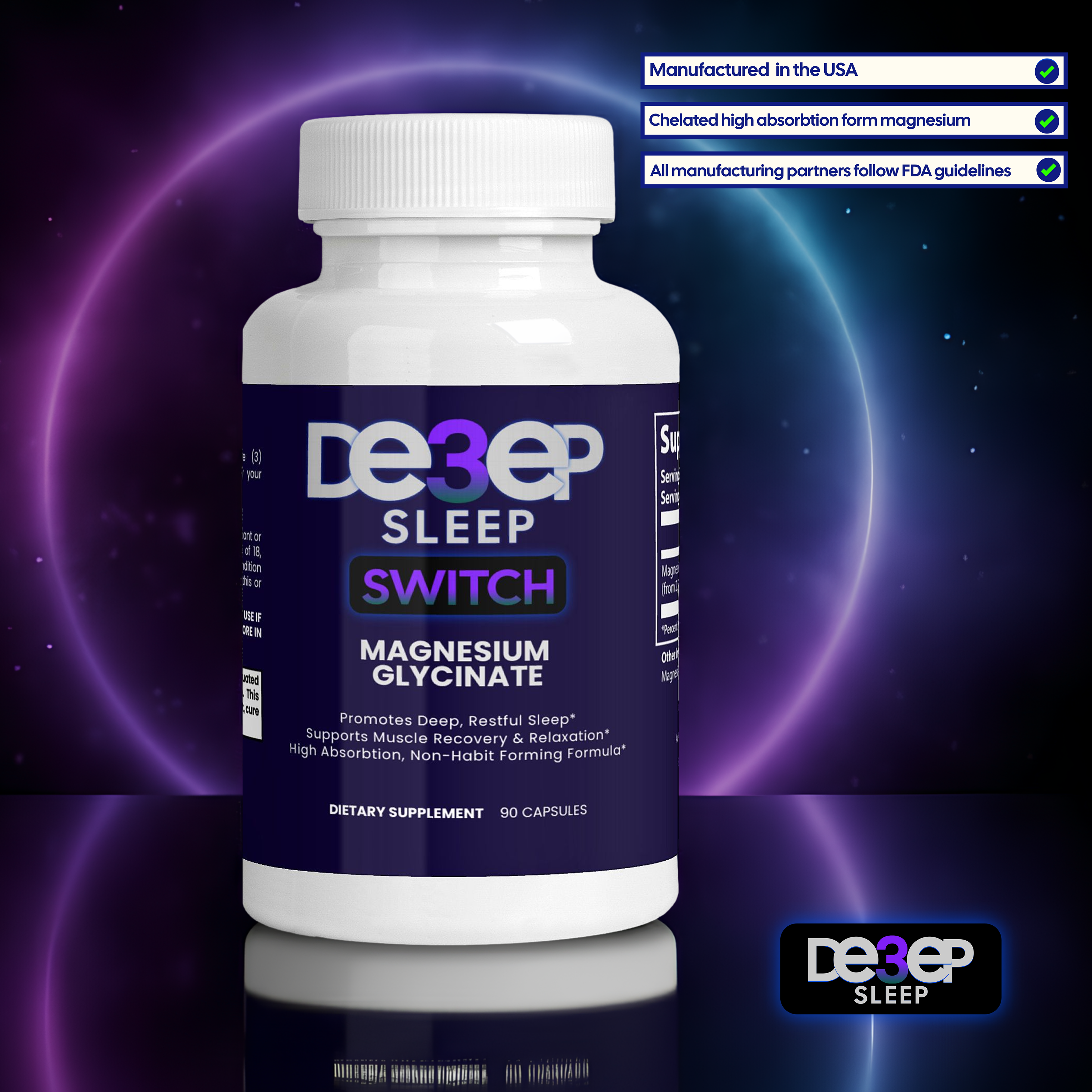 Deep3Sleep Switch supplement bottle with purple and white design on a dark background