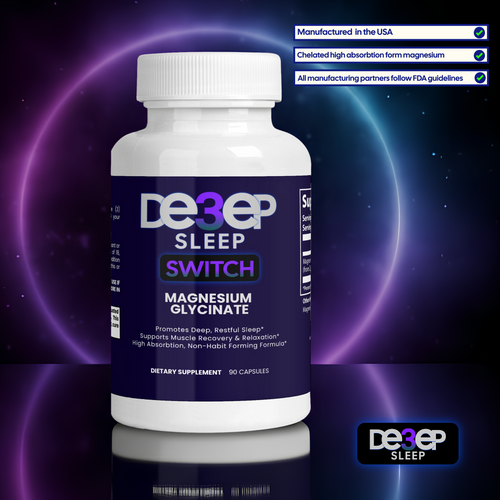 Deep3Sleep Switch supplement bottle with purple and white design on a dark background