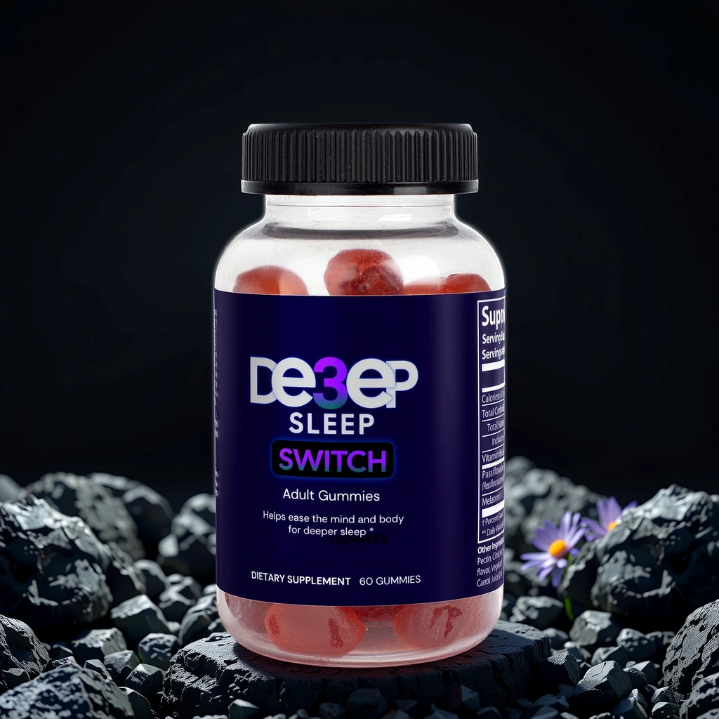 Bottle of Deep3Sleep Switch gummies on a dark background with rocks and flowers.