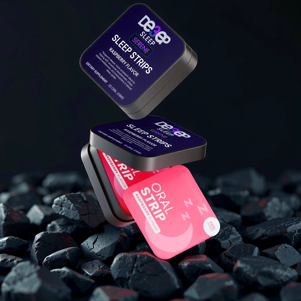 Sleep strip packaging with 'Deep3Sleep Serene 'branding on a dark background