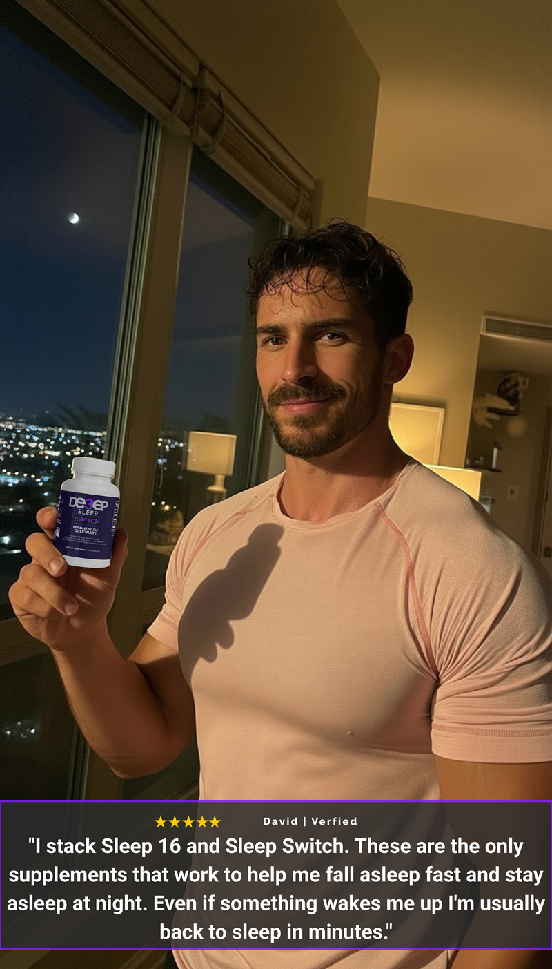 Man holding a supplement bottle with a nighttime cityscape in the background