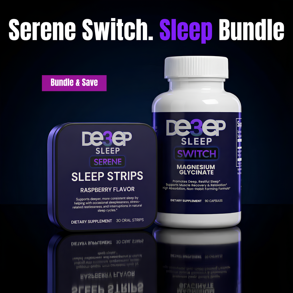 Sleep supplement bundle with capsules and strips on a reflective surface against a dark background