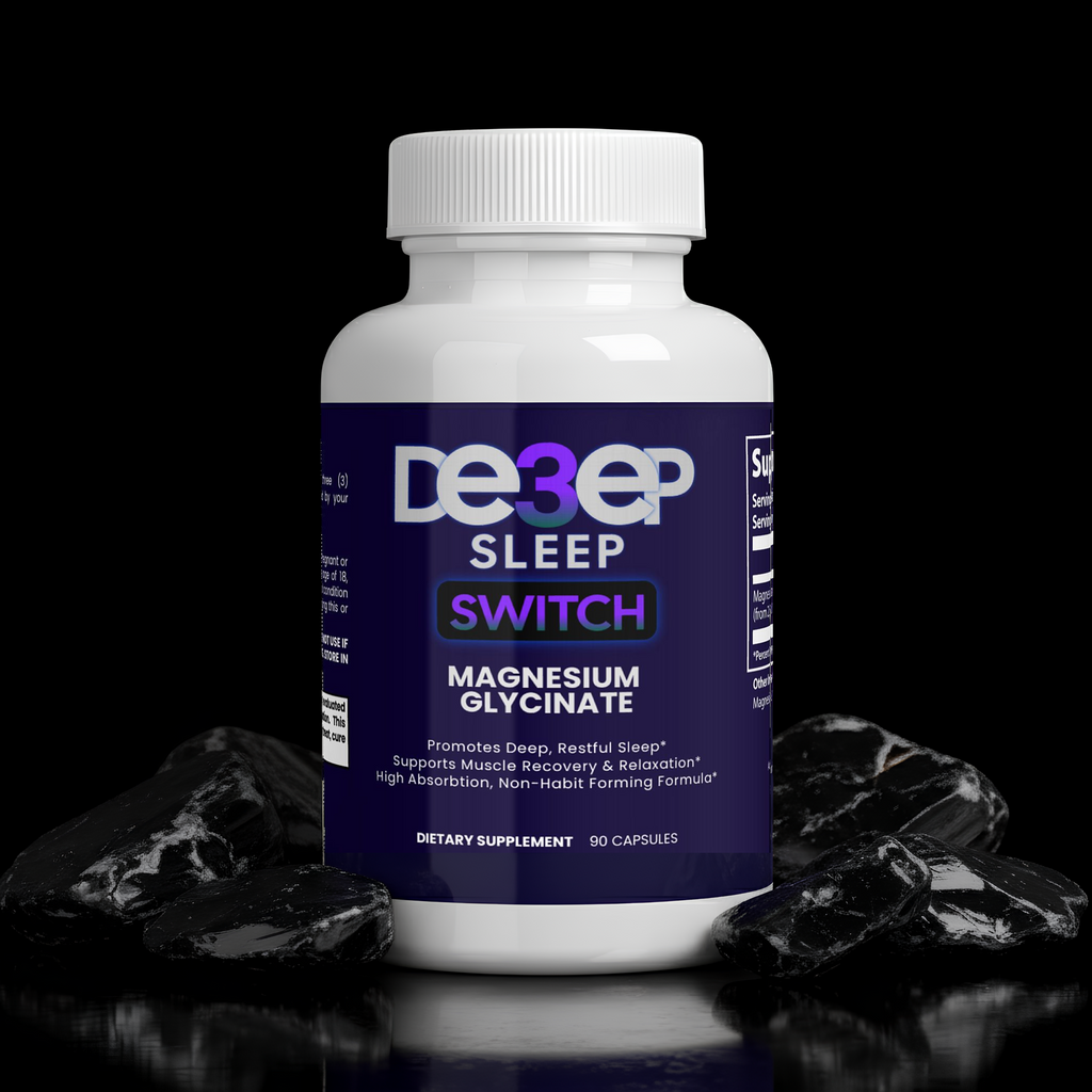 Supplement bottle labeled 'Deep3Sleep Sleep Switch' on a black background