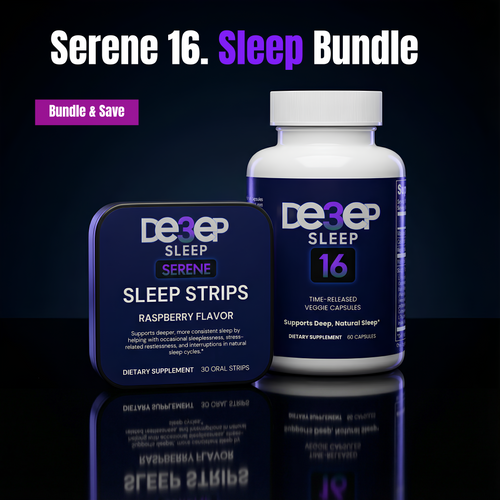 Serene 16 Sleep Bundle with bottle and packaging on a reflective surface.
